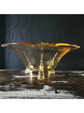 Large Vintage Heisey Empress Sahara Yellow 11" Heraldic Dolphin Footed Bowl